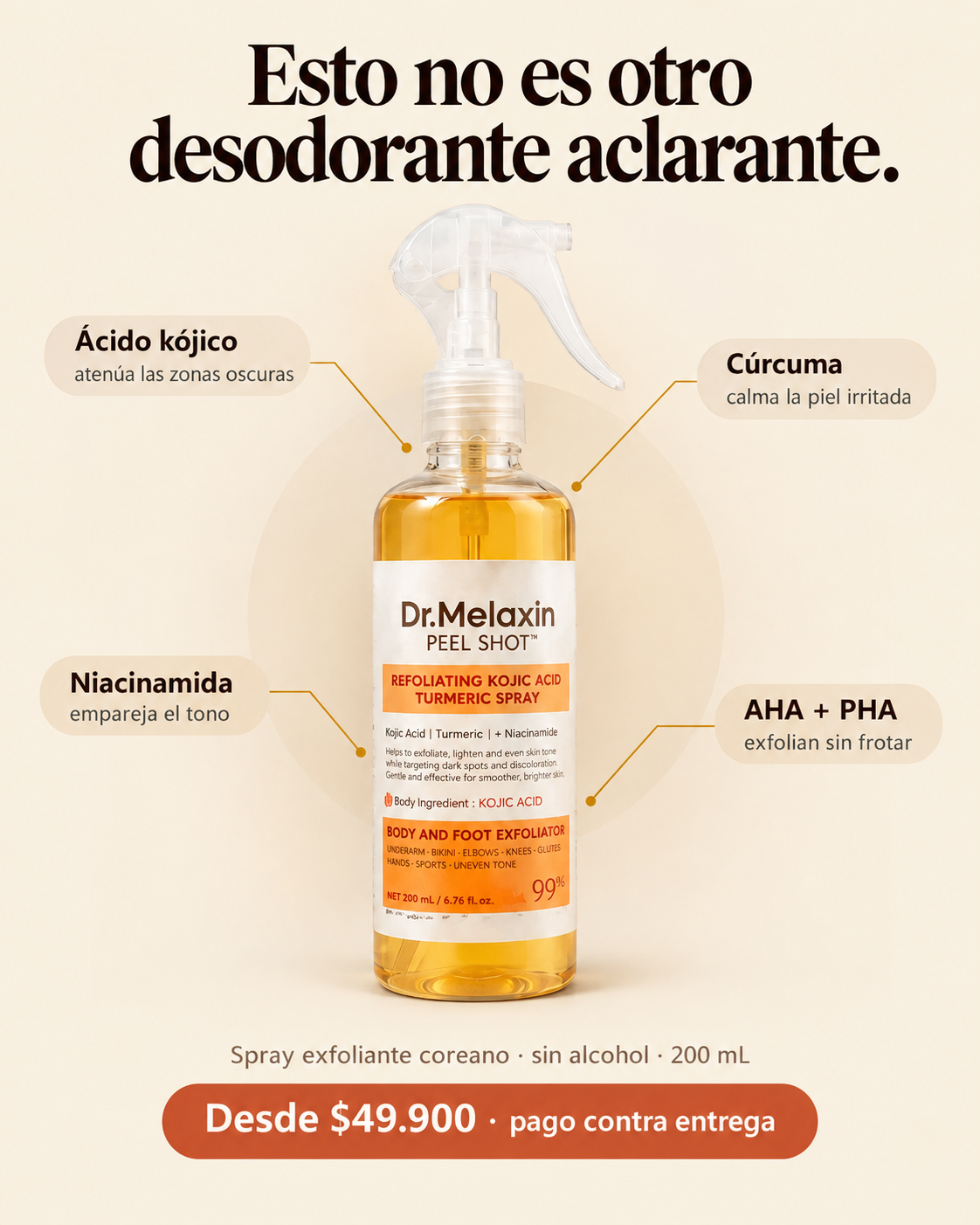 Dr. Melaxin Peel Shot TX, spray exfoliante de 200 mL con ácido kójico, cúrcuma, niacinamida y AHA + PHA